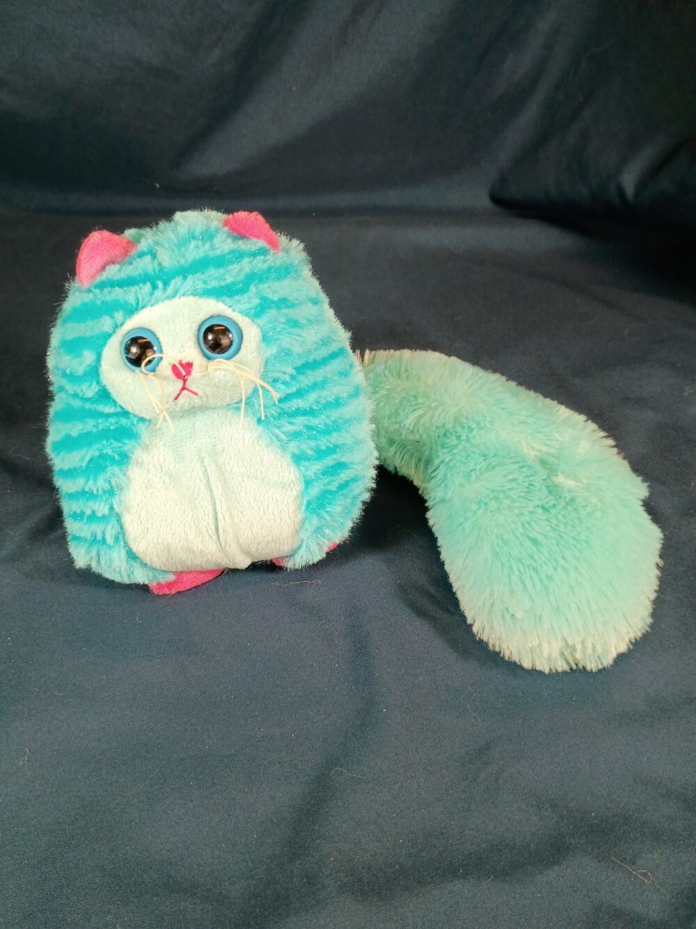 GANZ Turquoise Striped Cat Plush Big Fluffy Tail Pink Ears Blue Eyes